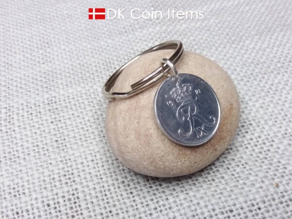 Denmark 1971 coin pendant keychain. 53 year old Crown R initial 2 ore. 53rd birthday gift. 2nd anniversary gift. Danish vintage souvenir