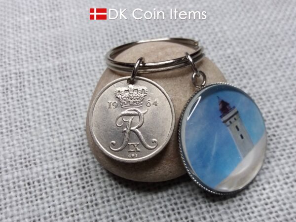 Denmark 1964 coin keychain with 55 year old Crown R 25 ore coin and Rubjerg Knude Lighthouse painting pendant. Danish vintage souvenir gift