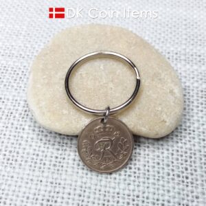 Denmark 1949 coin keychain with 75 year old Crown R initial 10 ore as coin pendant. 75th birthday gift. Danish vintage souvenir