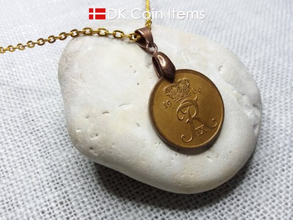 Denmark 1963 coin necklace with 61 year old Crown R initial 5 ore as coin pendant. 61st birthday gift. Danish vintage souvenir