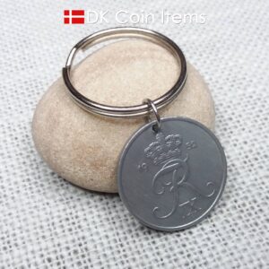 Denmark 1952 Crown R initial coin keychain with 72 year old 5 ore as coin pendant. Unique 72nd birthday gift or Danish vintage souvenir