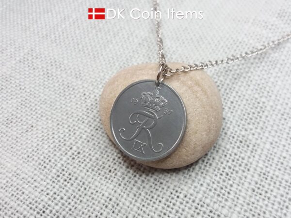 Denmark 1957 Crown R initial coin necklace with 67 year old 5 ore as coin pendant. Unique 67th birthday gift or Danish vintage souvenir