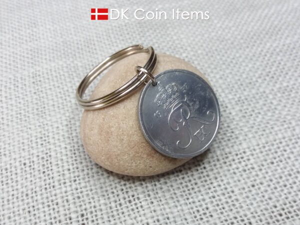 Denmark 1957 Crown R initial coin keychain with 67 year old 5 ore as coin pendant. Unique 67th birthday gift or Danish vintage souvenir