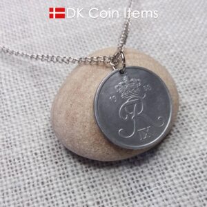 Denmark 1958 Crown R initial coin necklace with 66 year old 5 ore as coin pendant. Unique 66th birthday gift or Danish vintage souvenir