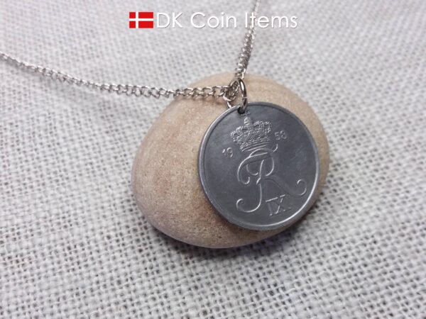 Denmark 1958 Crown R initial coin necklace with 66 year old 5 ore as coin pendant. Unique 66th birthday gift or Danish vintage souvenir