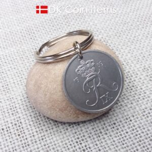 Denmark 1959 Crown R initial coin keychain with 65 year old 5 ore as coin pendant. Unique 65th birthday gift or Danish vintage souvenir