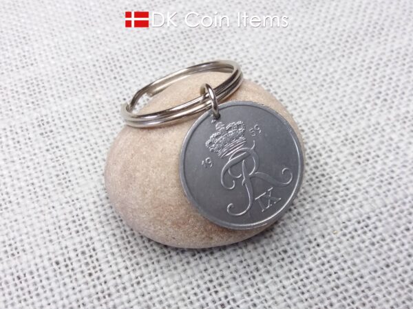 Denmark 1959 Crown R initial coin keychain with 65 year old 5 ore as coin pendant. Unique 65th birthday gift or Danish vintage souvenir