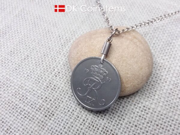 Denmark 1959 Crown R initial coin pendant necklace with 65 year old 5 ore. Unique 65th birthday, 5th anniversary or Danish souvenir gift