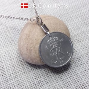 Denmark 1960 Crown R initial coin pendant necklace with 64 year old 5 ore. Unique 64th birthday, 5th anniversary or Danish souvenir gift