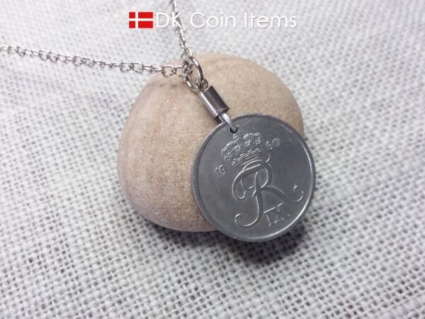 Denmark 1960 Crown R initial coin pendant necklace with 64 year old 5 ore. Unique 64th birthday, 5th anniversary or Danish souvenir gift