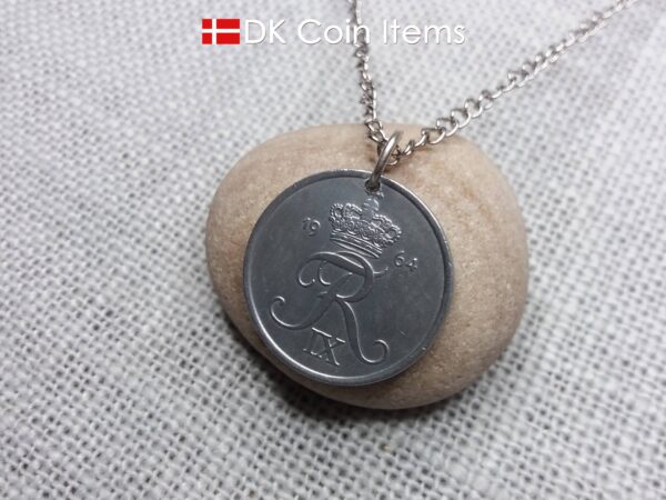 Denmark 1964 Crown R initial coin necklace with 60 year old 5 ore as coin pendant. Unique 60th birthday gift or Danish vintage souvenir