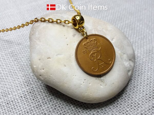 Denmark 1968 coin necklace with 56 year old Crown R initial 5 ore as coin pendant. 56th birthday gift. Danish vintage souvenir