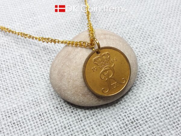 Denmark 1964 coin pendant necklace with Crown R initial. 60 year old 5 ore. 60th birthday gift or Danish vintage souvenir