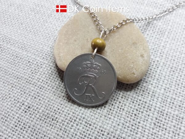 Denmark Crown R 1963 coin necklace with 61 year old 5 ore as coin pendant on greenish tree bead