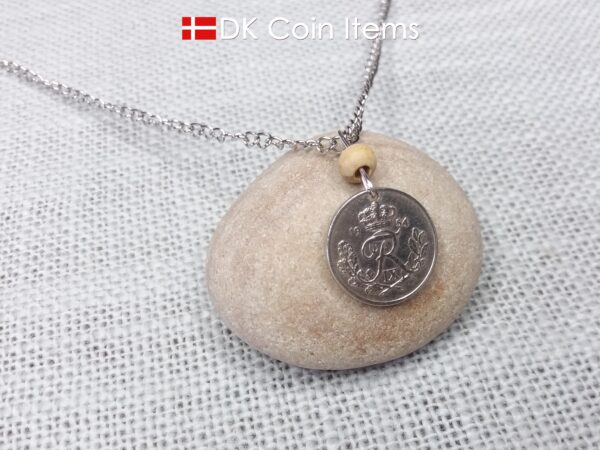 Denmark Crown R 1954 coin necklace with 70 year old 10 ore as coin pendant on wire with tree bead