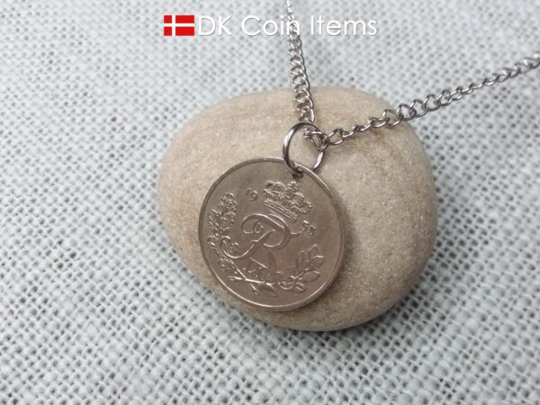 Danish coin pendant necklace with a 1953 Crown R-initial 25 øre. 71st birthday gift. Danish vintage souvenir