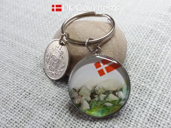 Denmark 1953 coin keychain with 71 year old Crown R-initial 25 ore coin and Stone Age Dolmen painting pendant. Danish vintage souvenir gift