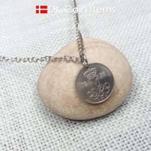 Denmark 1976 coin pendant necklace with 48 year old Crown M initial 10 ore. 48th birthday gift. Danish vintage souvenir