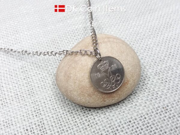 Denmark 1976 coin pendant necklace with 48 year old Crown M initial 10 ore. 48th birthday gift. Danish vintage souvenir