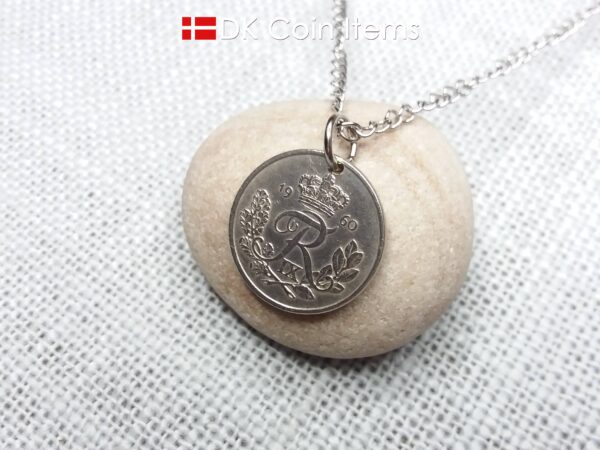 Danish coin pendant necklace with a 1956 Crown R-initial 25 ore. 68th birthday gift. Danish vintage souvenir