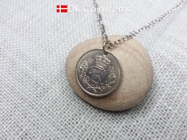 Danish coin pendant necklace with a 1956 Crown R-initial 25 ore. 68th birthday gift. Danish vintage souvenir