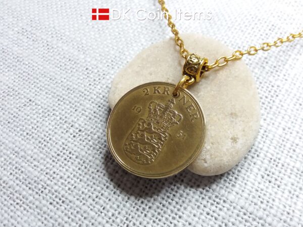 Denmark 1951 coin necklace with 73 year old golden Crown Coat of Arms 2 kroner as coin pendant. 73rd birthday gift. Danish vintage souvenir