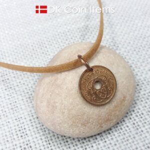 Denmark 1939 Crown C-initial coin pendant necklace with 85 year old copper 1 ore. 85th birthday gift. Antique Danish vintage souvenir gift