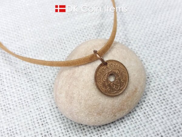 Denmark 1939 Crown C-initial coin pendant necklace with 85 year old copper 1 ore. 85th birthday gift. Antique Danish vintage souvenir gift