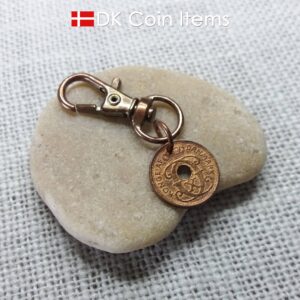 Denmark 1939 Crown C-initial coin pendant charm with 85 year old copper 1 ore on trigger clip. 85th birthday gift. Danish vintage souvenir