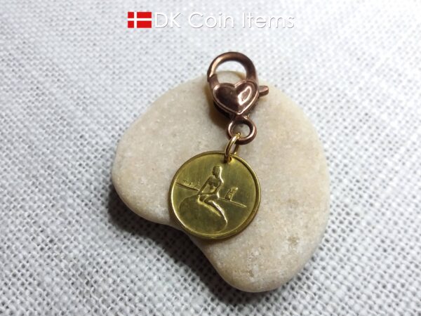 Denmark Little Mermaid charm - Copenhagen vintage 1960s fare token - The Little Mermaid statue - Danish fairy tale souvenir with heart clip