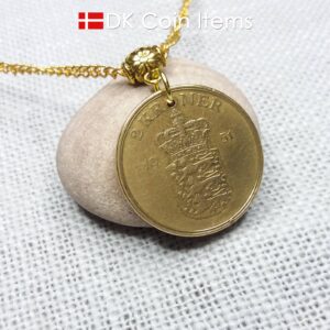 Denmark 1951 Crown Coat of Arms coin necklace with 73 year old golden 2 kroner as coin pendant. 73rd birthday gift. Danish vintage souvenir