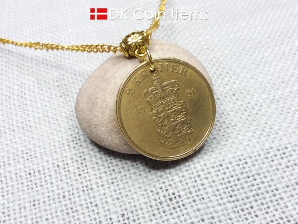 Denmark 1951 Crown Coat of Arms coin necklace with 73 year old golden 2 kroner as coin pendant. 73rd birthday gift. Danish vintage souvenir