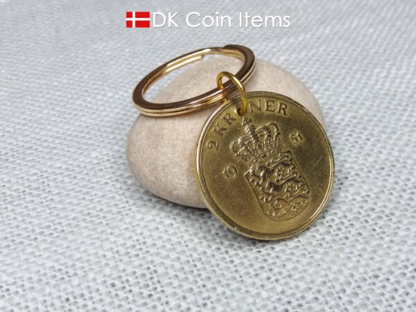 Denmark 1951 Crown Coat of Arms coin keychain with 73 year old golden 2 kroner as coin pendant. 73rd birthday gift. Danish vintage souvenir