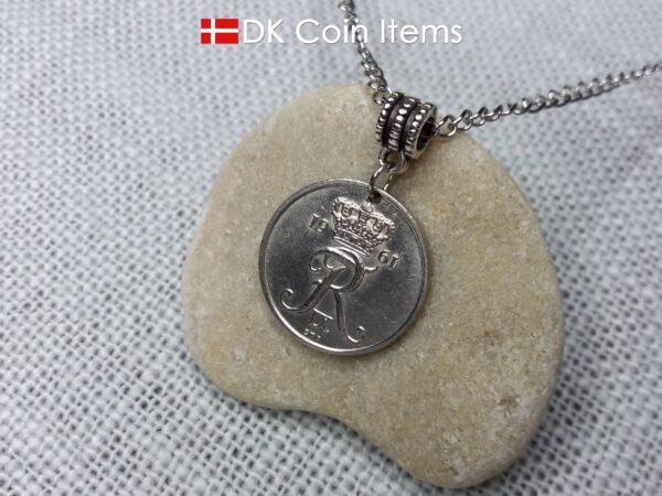 Denmark 1961 coin necklace with 63 year old Crown R initial 25 ore as coin pendant. 63rd birthday gift. Danish vintage souvenir