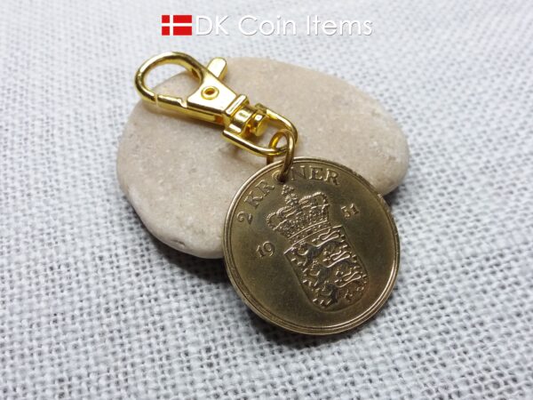 Denmark 1951 Crown Coat of Arms coin charm with 73 year old golden 2 kroner as coin pendant. 73rd birthday gift. Danish vintage souvenir