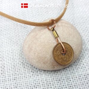 Denmark 1940 Crown C-initial coin necklace with 85 year old copper 1 ore as pendant. 84th birthday gift. Danish vintage souvenir gift