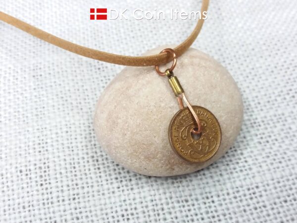 Denmark 1940 Crown C-initial coin necklace with 85 year old copper 1 ore as pendant. 84th birthday gift. Danish vintage souvenir gift