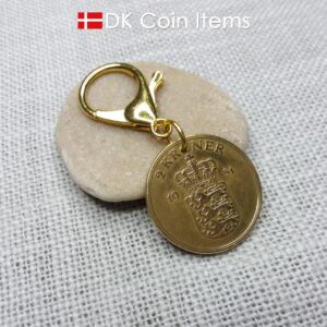 Denmark 1951 coin charm with 73 year old golden Crown Coat of Arms 2 kroner as coin pendant. 73rd birthday gift. Danish vintage souvenir