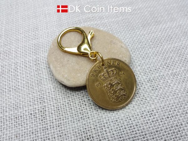 Denmark 1951 coin charm with 73 year old golden Crown Coat of Arms 2 kroner as coin pendant. 73rd birthday gift. Danish vintage souvenir