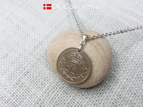 Denmark R-initial 1950 coin necklace with 74 year old 25 ore as coin pendant on pinch bail with snap lock. Cord/Chain options