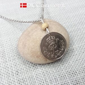 Denmark R-initial 1950 coin necklace with 74 year old 25 ore as coin pendant on wire with tree bead. Cord/Chain options