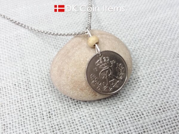 Denmark R-initial 1950 coin necklace with 74 year old 25 ore as coin pendant on wire with tree bead. Cord/Chain options