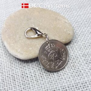 Denmark R-initial 1950 coin charm with 74 year old 25 ore as coin pendant on 18mm lobster claw clasp