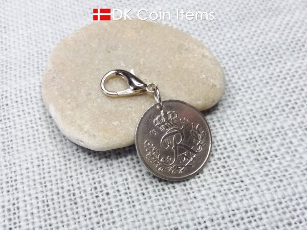 Denmark R-initial 1950 coin charm with 74 year old 25 ore as coin pendant on 18mm lobster claw clasp