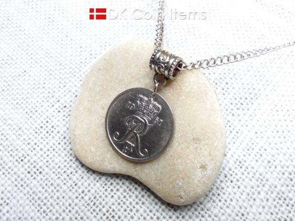 Denmark 1961 coin necklace. 63 year old Crown R initial 25 ore as coin pendant. 63rd birthday gift. Danish vintage souvenir