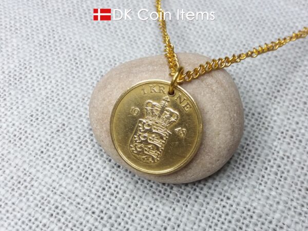 Denmark 1948 coin necklace with golden 76 year old Coat of Arms 1 krone as coin pendant. Cord/Chain options