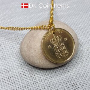 Denmark 1957 coin necklace with golden 67 year old Coat of Arms 1 krone as coin pendant. Cord/Chain options