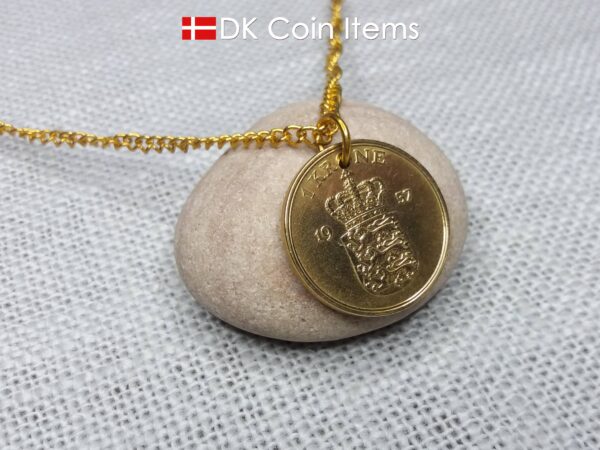 Denmark 1957 coin necklace with golden 67 year old Coat of Arms 1 krone as coin pendant. Cord/Chain options