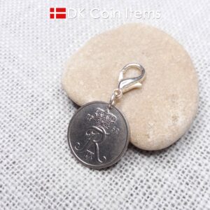 Denmark 1962 R-initial coin charm with 62 year old 25 ore as coin pendant on 18mm lobster claw clasp