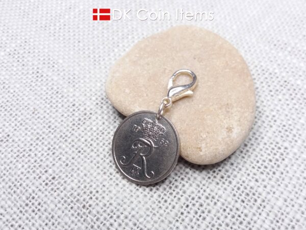 Denmark 1962 R-initial coin charm with 62 year old 25 ore as coin pendant on 18mm lobster claw clasp